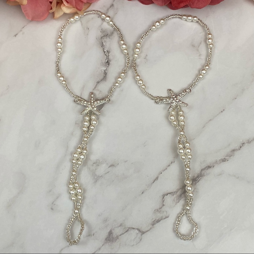 2 Pcs Pearl Starfish Barefoot Sandals Anklet Set - Picture 13 of 16